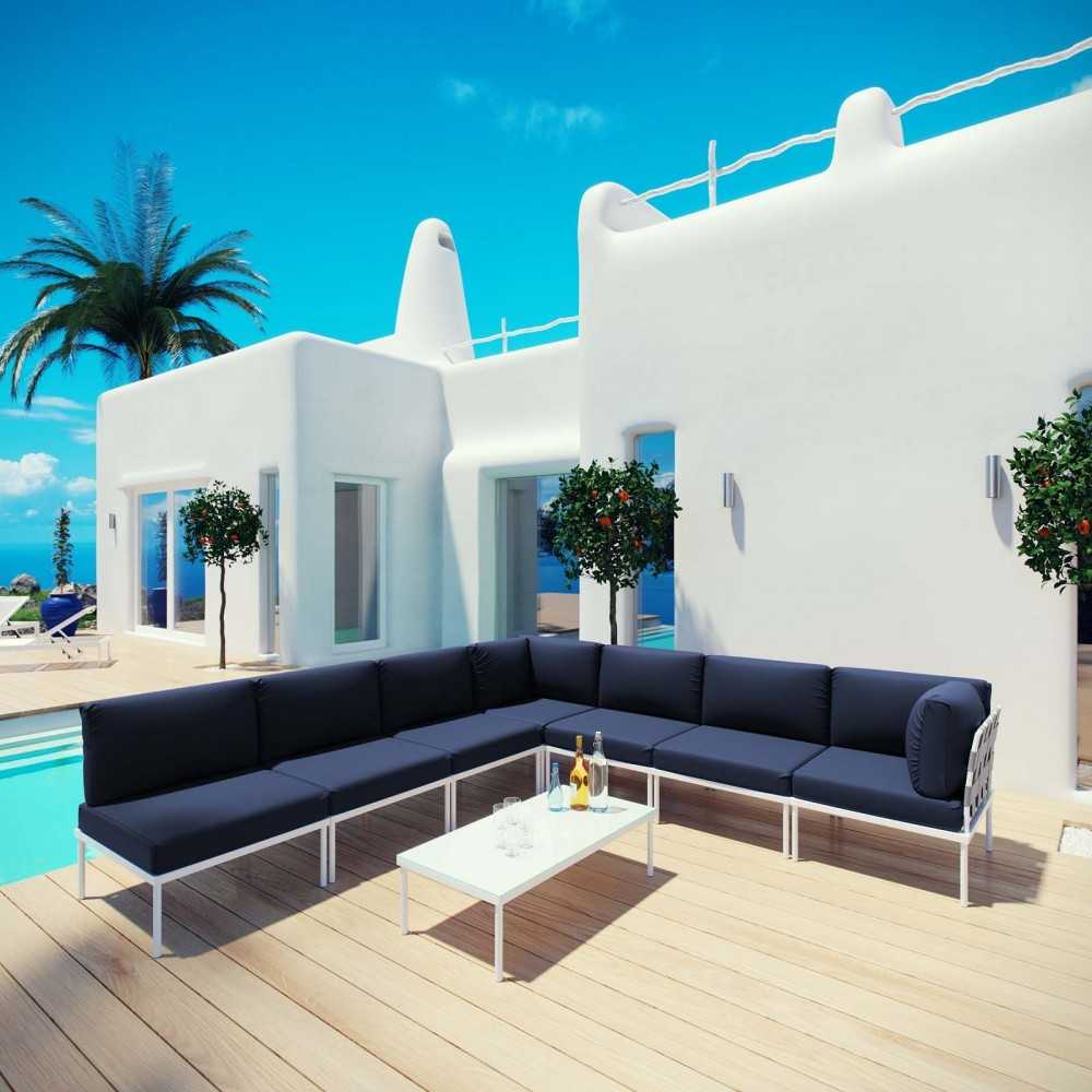 Harmony 8 Piece Outdoor Patio Aluminum Sectional Sofa Set, White Navy, EEI-2625-WHI-NAV-SET