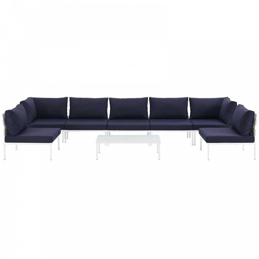 Harmony 8 Piece Outdoor Patio Aluminum Sectional Sofa Set, White Navy, EEI-2625-WHI-NAV-SET