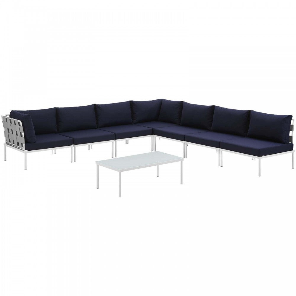 Harmony 8 Piece Outdoor Patio Aluminum Sectional Sofa Set, White Navy, EEI-2625-WHI-NAV-SET