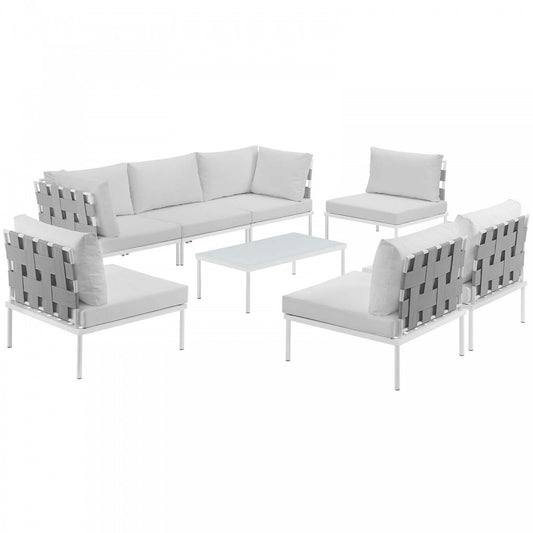 Harmony 8 Piece Outdoor Patio Aluminum Sectional Sofa Set, White White, EEI-2625-WHI-WHI-SET
