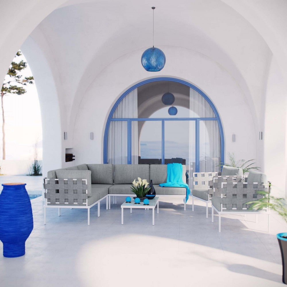 Harmony 8 Piece Outdoor Patio Aluminum Sectional Sofa Set, White Gray, EEI-2619-WHI-GRY-SET