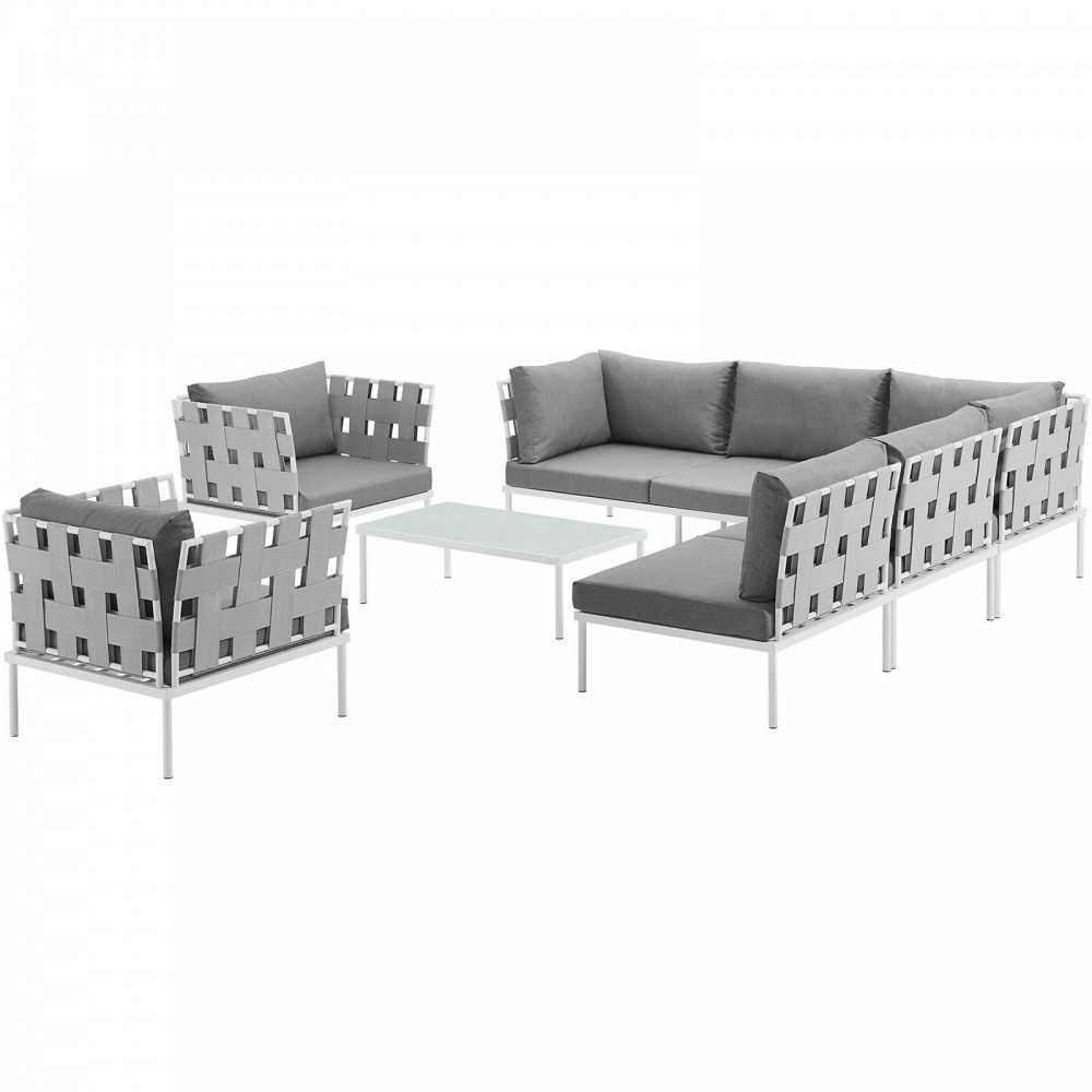 Harmony 8 Piece Outdoor Patio Aluminum Sectional Sofa Set, White Gray, EEI-2619-WHI-GRY-SET