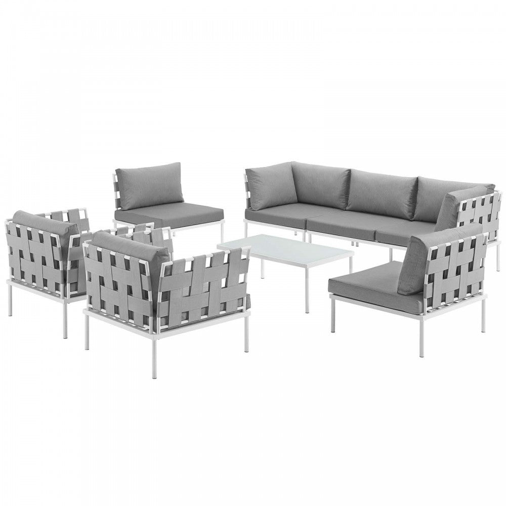 Harmony 8 Piece Outdoor Patio Aluminum Sectional Sofa Set, White Gray, EEI-2619-WHI-GRY-SET
