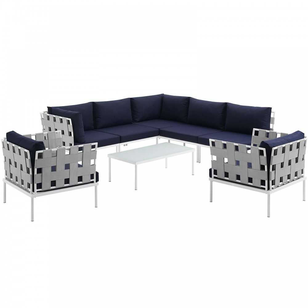Harmony 8 Piece Outdoor Patio Aluminum Sectional Sofa Set, White Navy, EEI-2619-WHI-NAV-SET