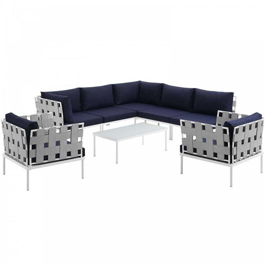Harmony 8 Piece Outdoor Patio Aluminum Sectional Sofa Set, White Navy, EEI-2619-WHI-NAV-SET