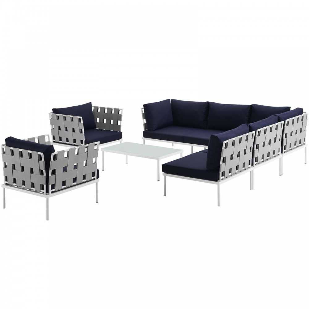 Harmony 8 Piece Outdoor Patio Aluminum Sectional Sofa Set, White Navy, EEI-2619-WHI-NAV-SET