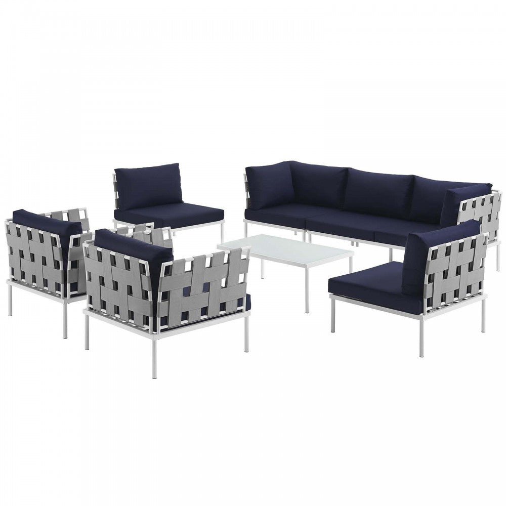 Harmony 8 Piece Outdoor Patio Aluminum Sectional Sofa Set, White Navy, EEI-2619-WHI-NAV-SET