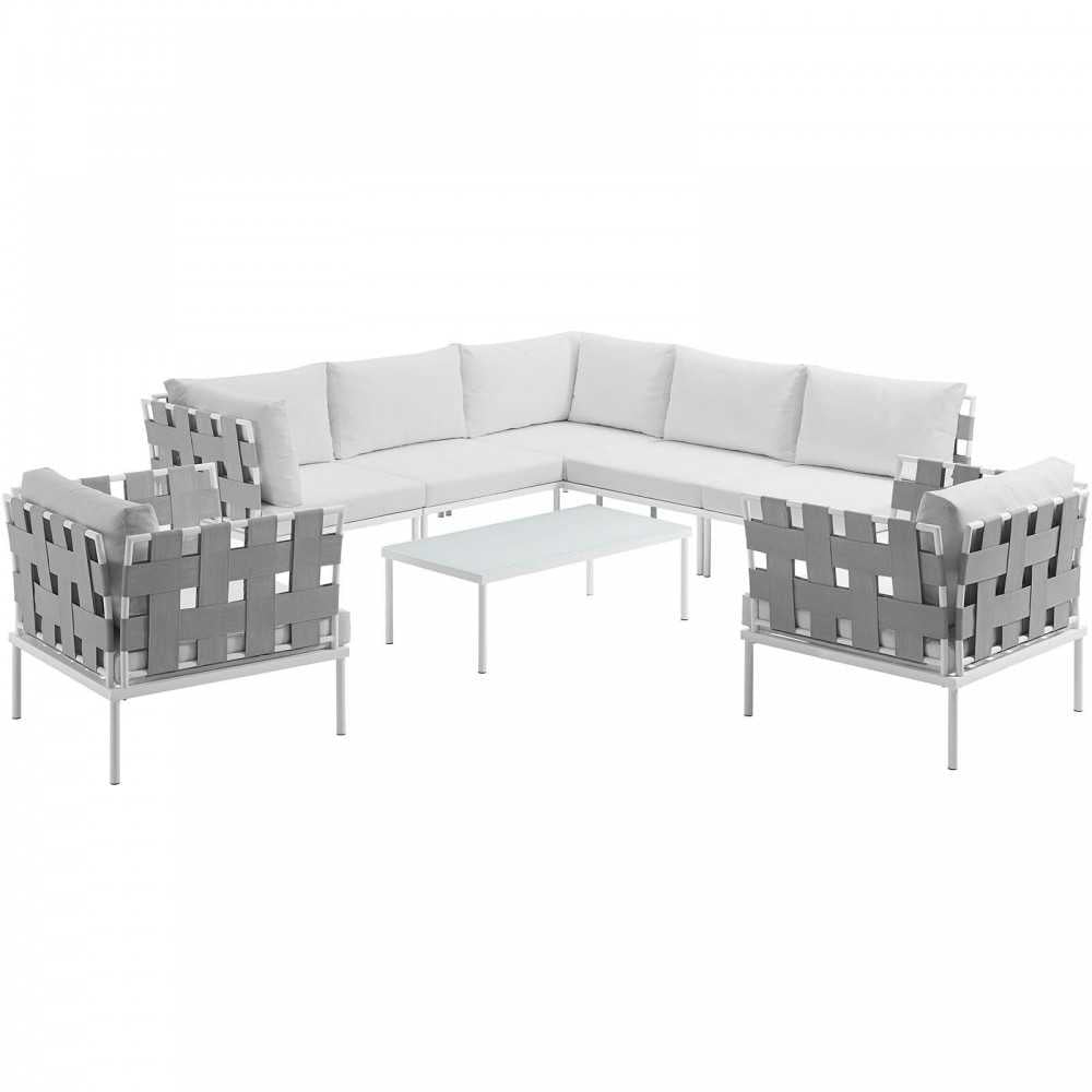Harmony 8 Piece Outdoor Patio Aluminum Sectional Sofa Set, White White, EEI-2619-WHI-WHI-SET