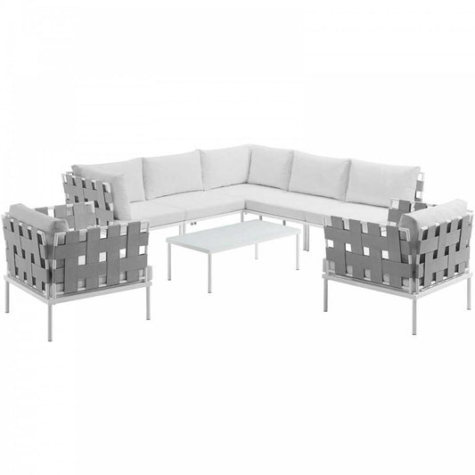 Harmony 8 Piece Outdoor Patio Aluminum Sectional Sofa Set, White White, EEI-2619-WHI-WHI-SET