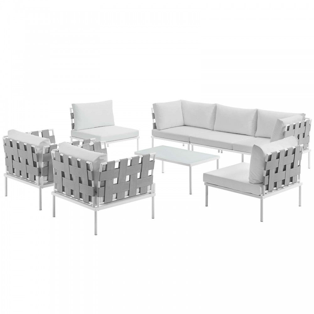Harmony 8 Piece Outdoor Patio Aluminum Sectional Sofa Set, White White, EEI-2619-WHI-WHI-SET