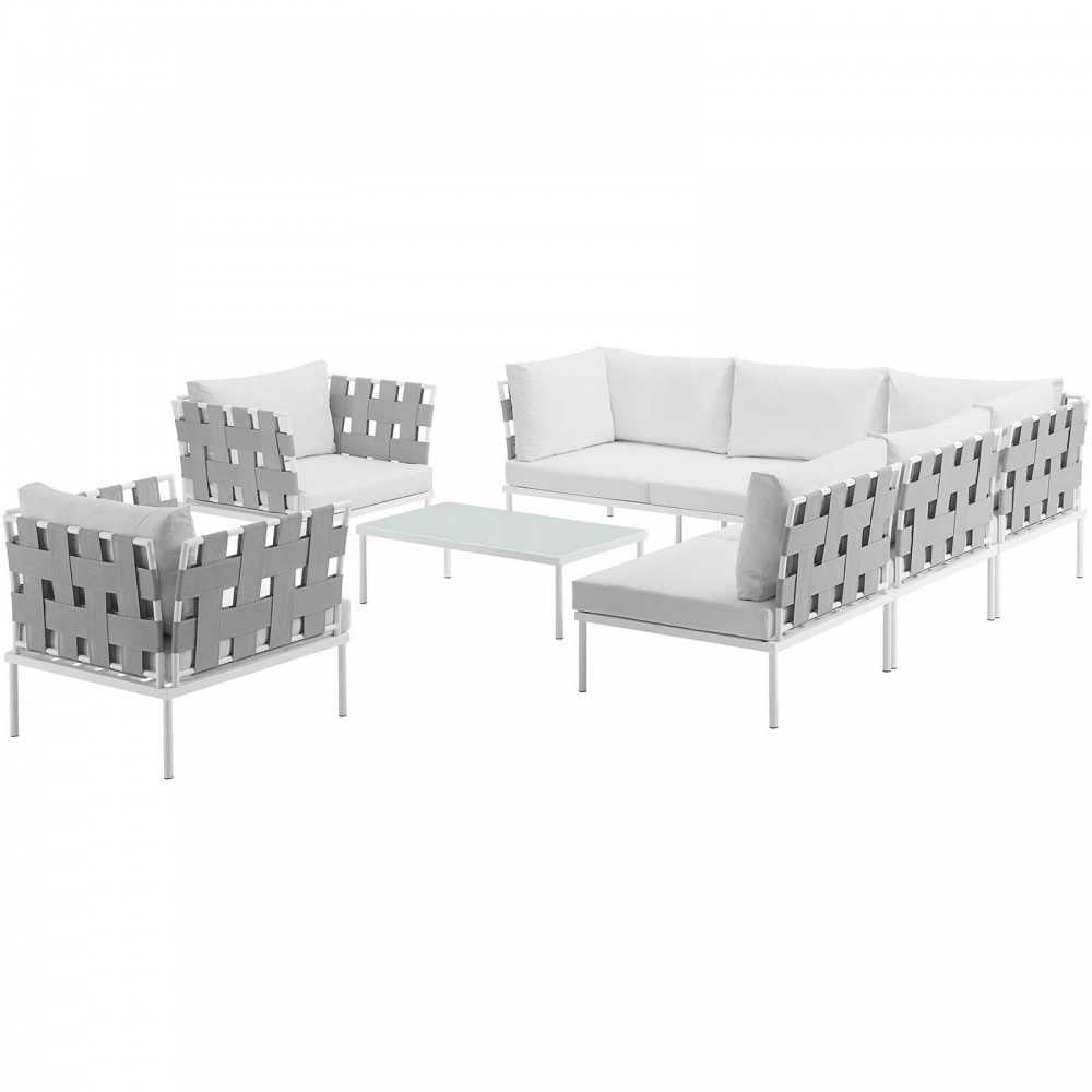 Harmony 8 Piece Outdoor Patio Aluminum Sectional Sofa Set, White White, EEI-2619-WHI-WHI-SET
