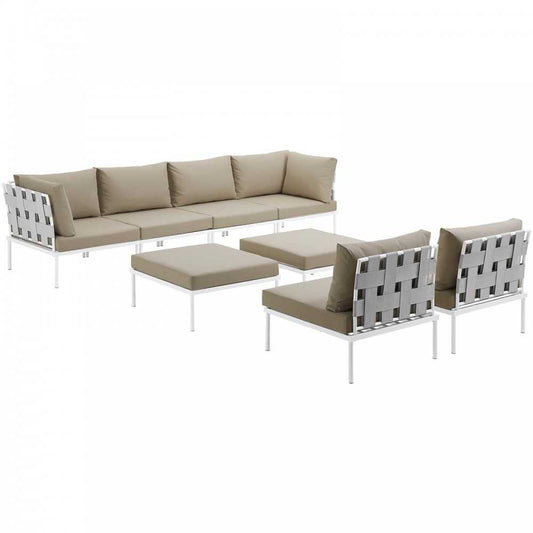 Harmony 8 Piece Outdoor Patio Aluminum Sectional Sofa Set, White Beige, EEI-2624-WHI-BEI-SET