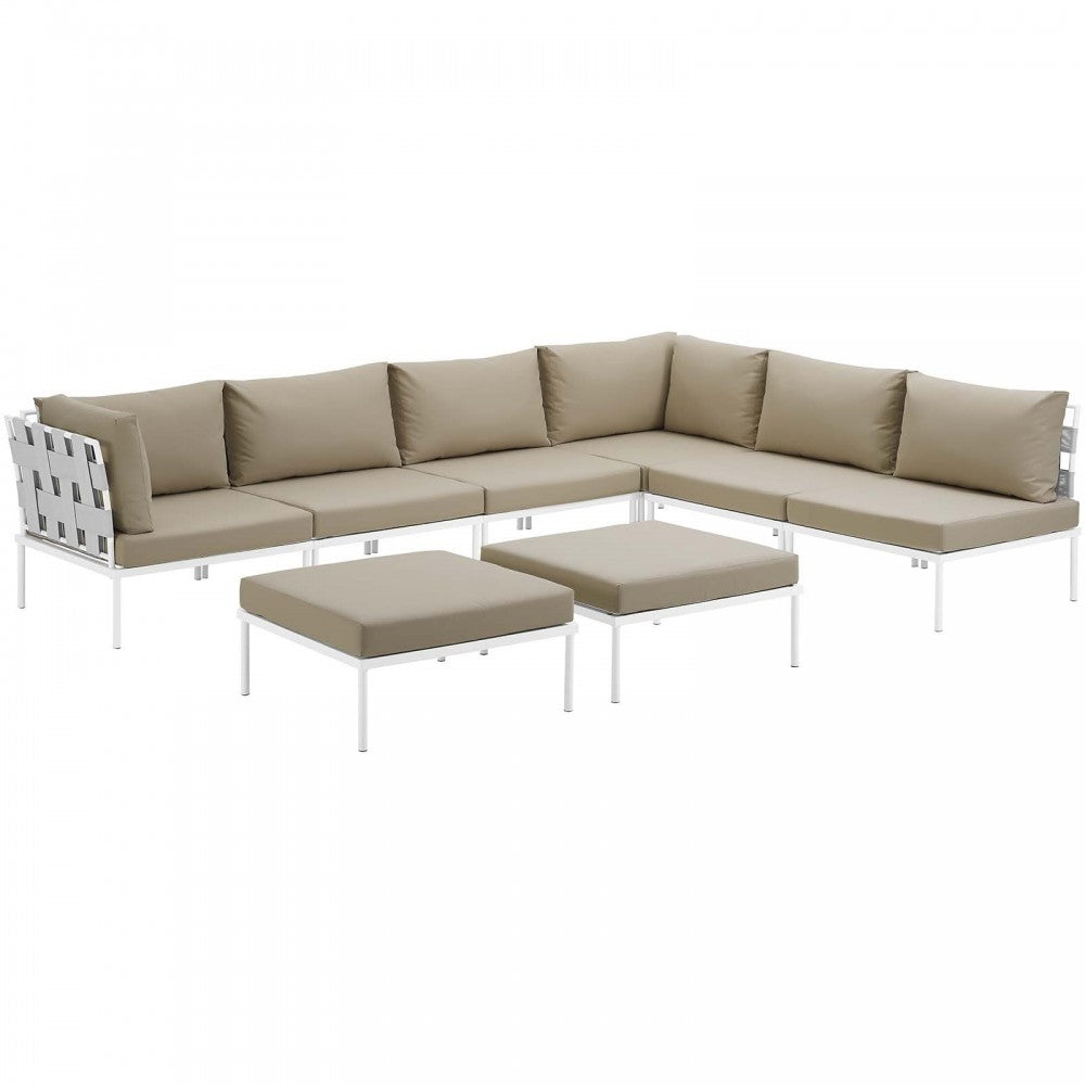 Harmony 8 Piece Outdoor Patio Aluminum Sectional Sofa Set, White Beige, EEI-2624-WHI-BEI-SET
