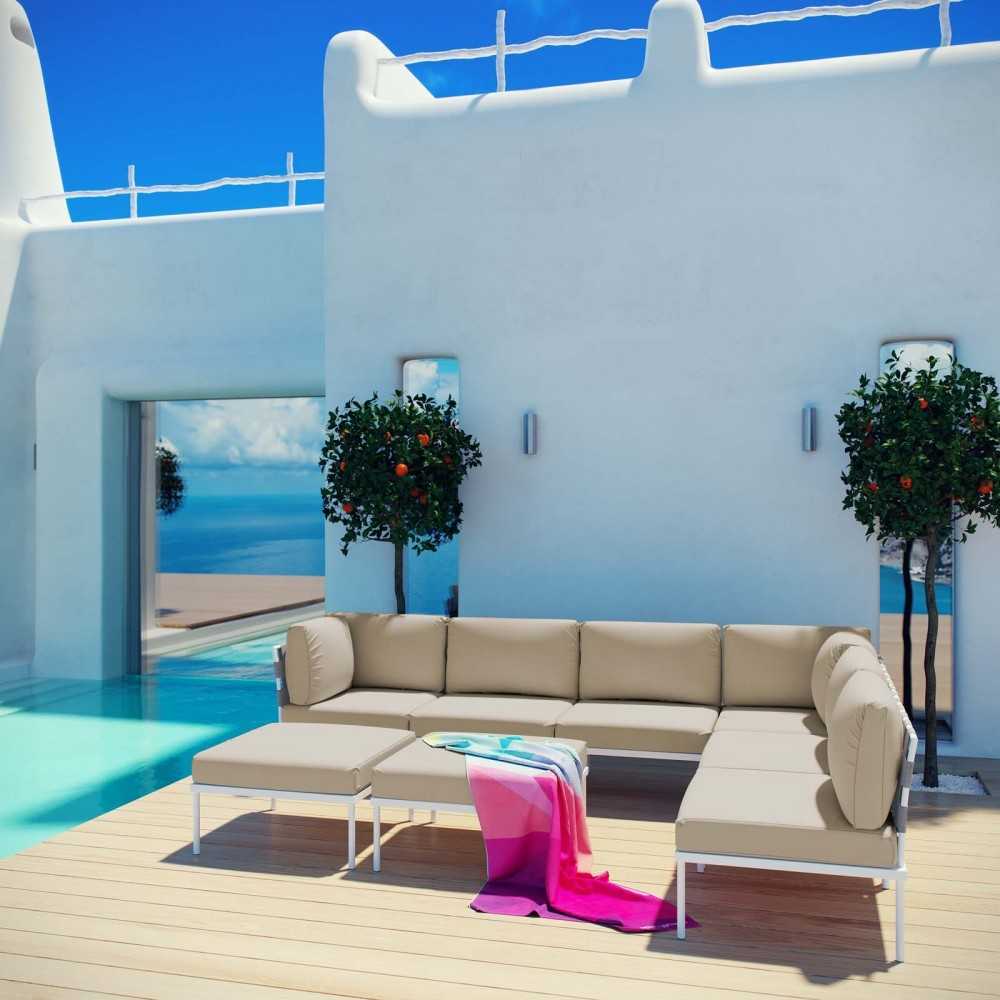 Harmony 8 Piece Outdoor Patio Aluminum Sectional Sofa Set, White Beige, EEI-2624-WHI-BEI-SET