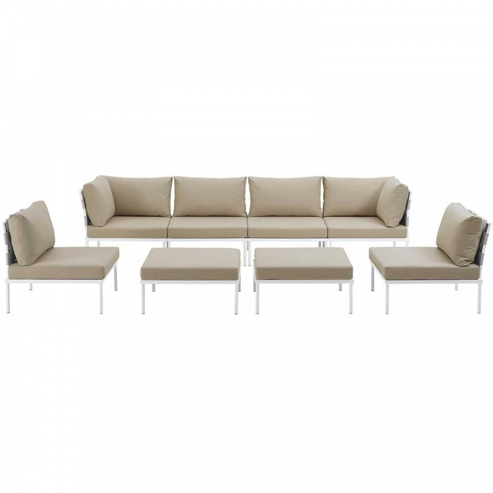 Harmony 8 Piece Outdoor Patio Aluminum Sectional Sofa Set, White Beige, EEI-2624-WHI-BEI-SET