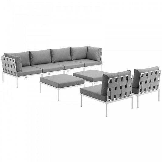 Harmony 8 Piece Outdoor Patio Aluminum Sectional Sofa Set, White Gray, EEI-2624-WHI-GRY-SET