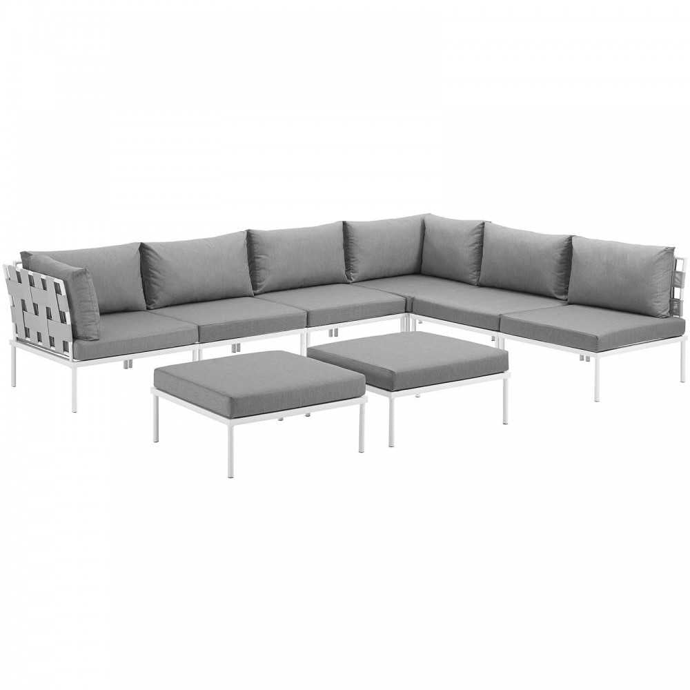 Harmony 8 Piece Outdoor Patio Aluminum Sectional Sofa Set, White Gray, EEI-2624-WHI-GRY-SET