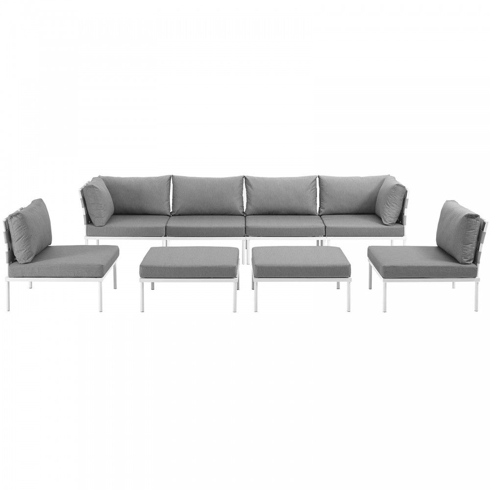 Harmony 8 Piece Outdoor Patio Aluminum Sectional Sofa Set, White Gray, EEI-2624-WHI-GRY-SET