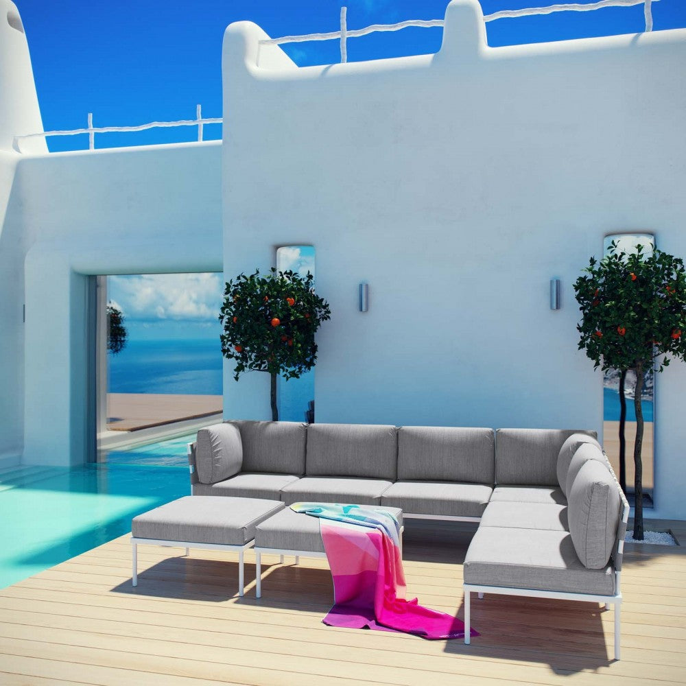Harmony 8 Piece Outdoor Patio Aluminum Sectional Sofa Set, White Gray, EEI-2624-WHI-GRY-SET
