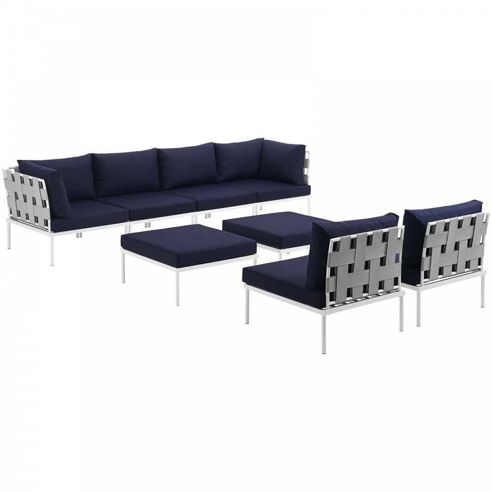 Harmony 8 Piece Outdoor Patio Aluminum Sectional Sofa Set, White Navy, EEI-2624-WHI-NAV-SET