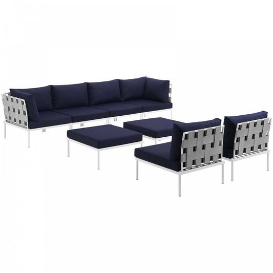 Harmony 8 Piece Outdoor Patio Aluminum Sectional Sofa Set, White Navy, EEI-2624-WHI-NAV-SET