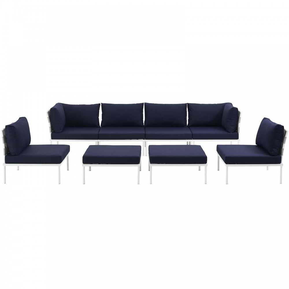 Harmony 8 Piece Outdoor Patio Aluminum Sectional Sofa Set, White Navy, EEI-2624-WHI-NAV-SET