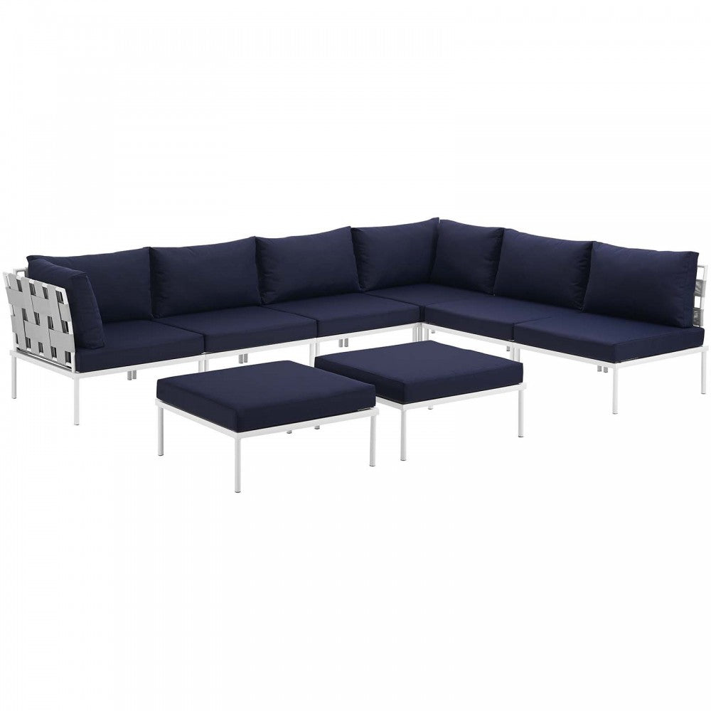 Harmony 8 Piece Outdoor Patio Aluminum Sectional Sofa Set, White Navy, EEI-2624-WHI-NAV-SET