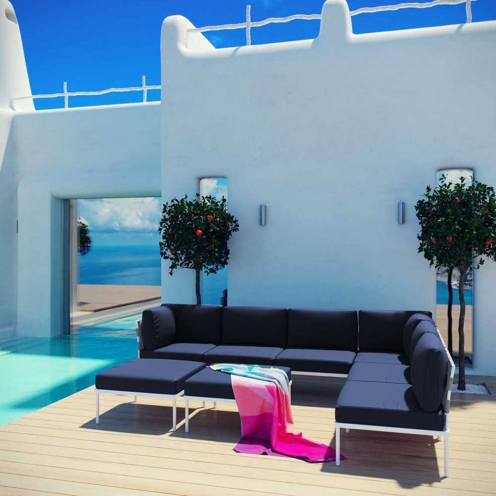 Harmony 8 Piece Outdoor Patio Aluminum Sectional Sofa Set, White Navy, EEI-2624-WHI-NAV-SET