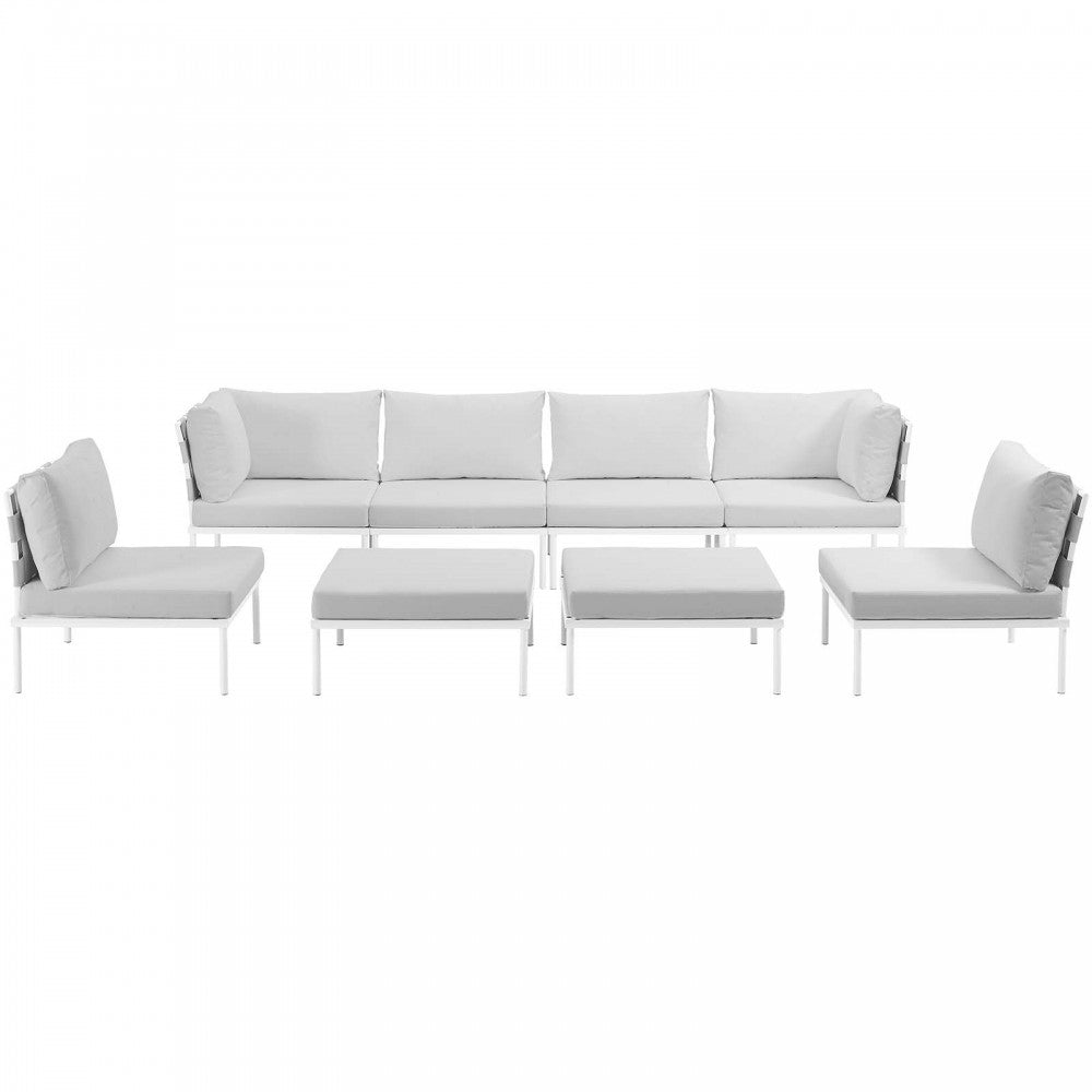 Harmony 8 Piece Outdoor Patio Aluminum Sectional Sofa Set, White White, EEI-2624-WHI-WHI-SET