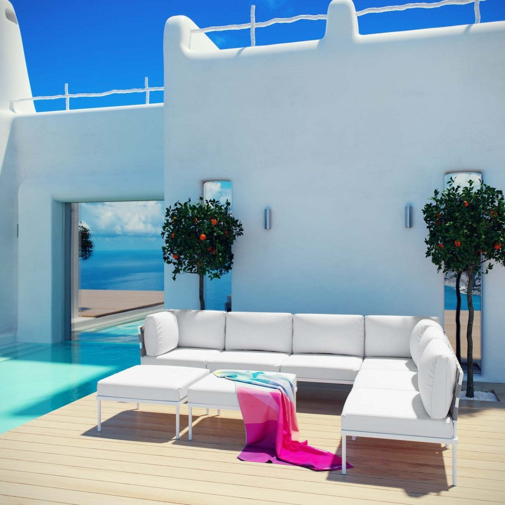 Harmony 8 Piece Outdoor Patio Aluminum Sectional Sofa Set, White White, EEI-2624-WHI-WHI-SET