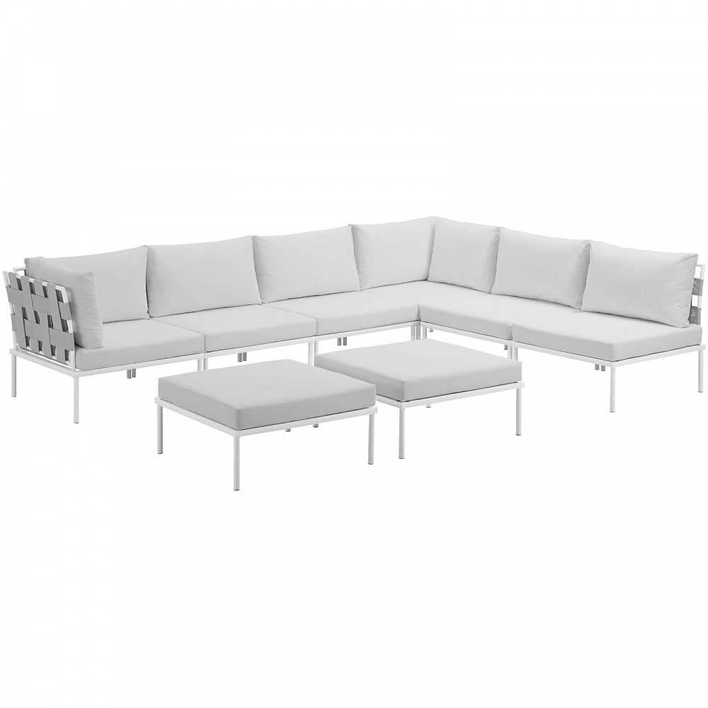 Harmony 8 Piece Outdoor Patio Aluminum Sectional Sofa Set, White White, EEI-2624-WHI-WHI-SET