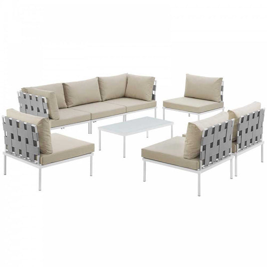 Harmony 8 Piece Outdoor Patio Aluminum Sectional Sofa Set, White Beige, EEI-2625-WHI-BEI-SET