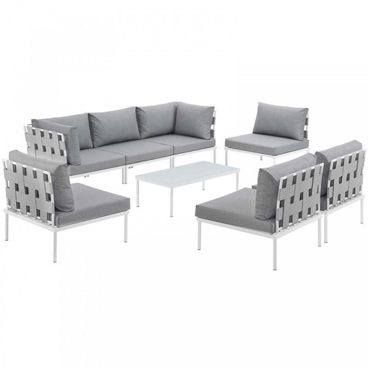 Harmony 8 Piece Outdoor Patio Aluminum Sectional Sofa Set, White Gray, EEI-2625-WHI-GRY-SET