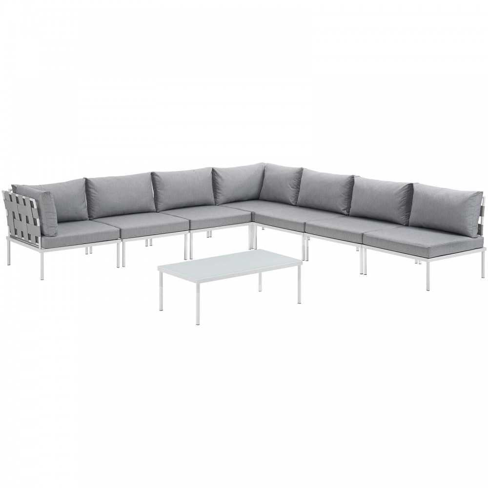 Harmony 8 Piece Outdoor Patio Aluminum Sectional Sofa Set, White Gray, EEI-2625-WHI-GRY-SET