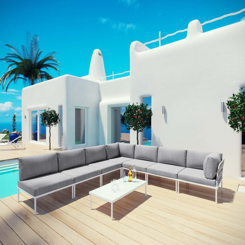 Harmony 8 Piece Outdoor Patio Aluminum Sectional Sofa Set, White Gray, EEI-2625-WHI-GRY-SET
