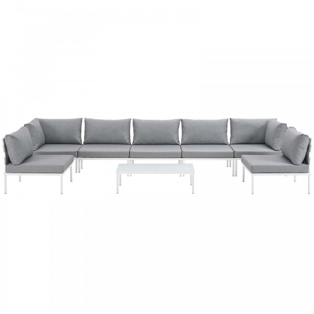 Harmony 8 Piece Outdoor Patio Aluminum Sectional Sofa Set, White Gray, EEI-2625-WHI-GRY-SET