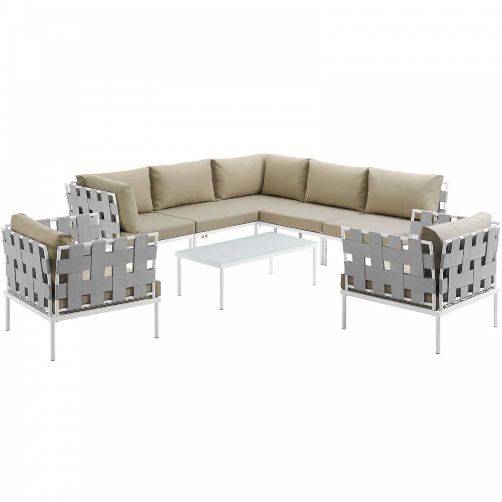 Harmony 8 Piece Outdoor Patio Aluminum Sectional Sofa Set, White Beige, EEI-2619-WHI-BEI-SET