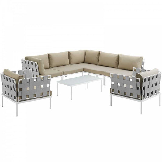 Harmony 8 Piece Outdoor Patio Aluminum Sectional Sofa Set, White Beige, EEI-2619-WHI-BEI-SET