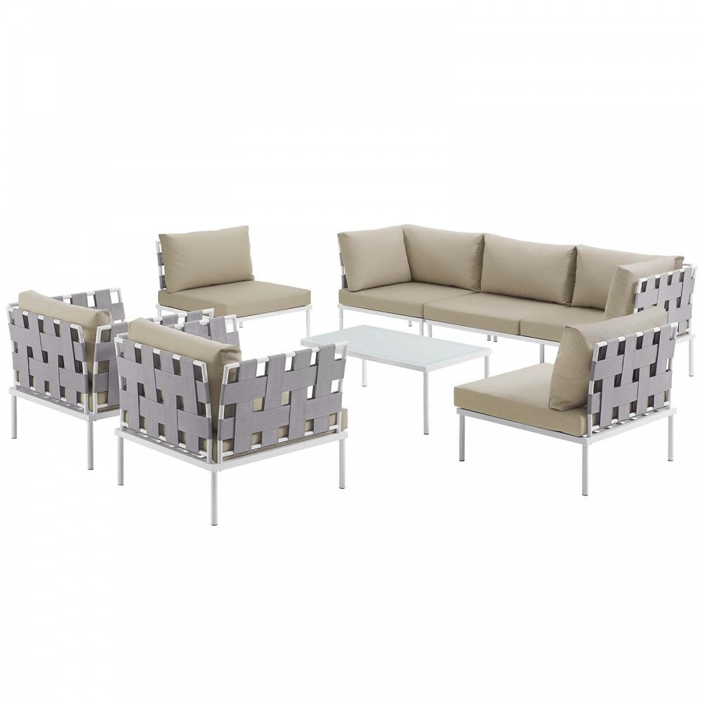 Harmony 8 Piece Outdoor Patio Aluminum Sectional Sofa Set, White Beige, EEI-2619-WHI-BEI-SET