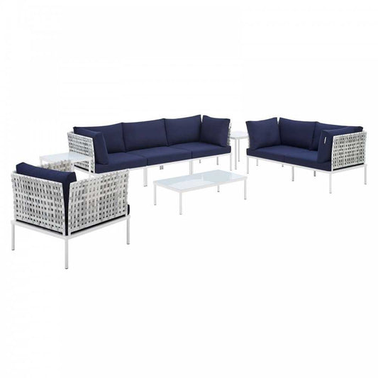 Harmony 8-Piece Sunbrella Basket Weave Outdoor Patio Aluminum Seating Set, Taupe Navy