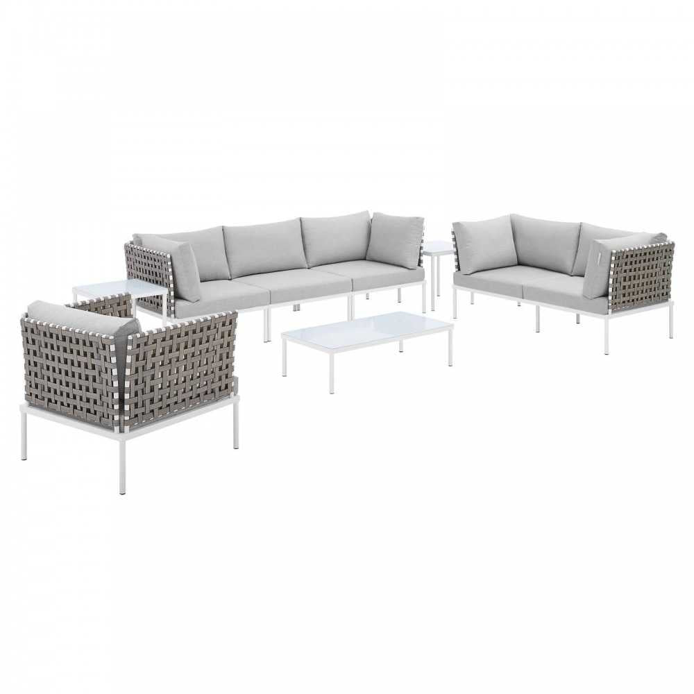 Harmony 8-Piece Sunbrella Basket Weave Outdoor Patio Aluminum Seating Set, Tan Gray