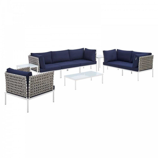 Harmony 8-Piece Sunbrella Basket Weave Outdoor Patio Aluminum Seating Set, Tan Navy