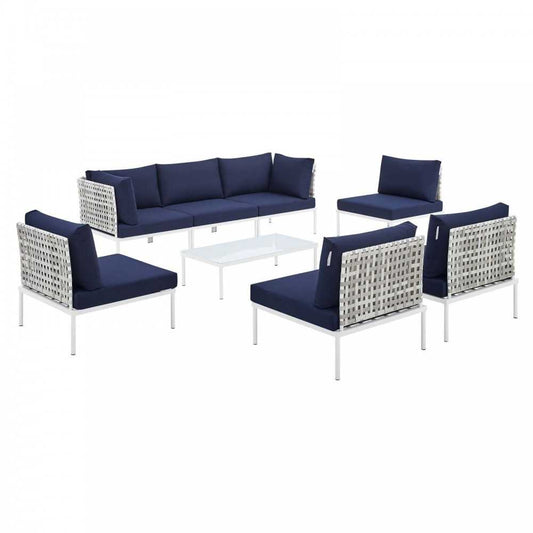 Harmony 8-Piece Sunbrella Basket Weave Outdoor Patio Aluminum Sectional Sofa Set, Taupe Navy, EEI-4938-TAU-NAV-SET