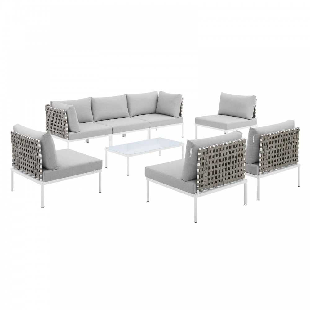 Harmony 8-Piece Sunbrella Basket Weave Outdoor Patio Aluminum Sectional Sofa Set, Tan Gray, EEI-4939-TAN-GRY-SET