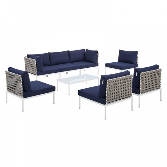 Harmony 8-Piece Sunbrella Basket Weave Outdoor Patio Aluminum Sectional Sofa Set, Tan Navy, EEI-4939-TAN-NAV-SET