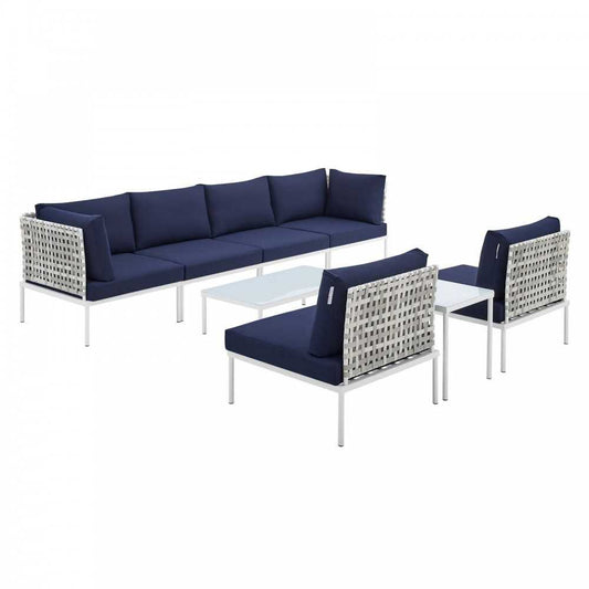 Harmony 8-Piece Sunbrella Basket Weave Outdoor Patio Aluminum Sectional Sofa Set, Taupe Navy, EEI-4942-TAU-NAV-SET