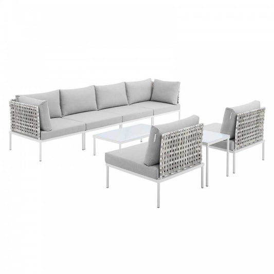 Harmony 8-Piece Sunbrella Basket Weave Outdoor Patio Aluminum Sectional Sofa Set, Tan Gray, EEI-4943-TAN-GRY-SET