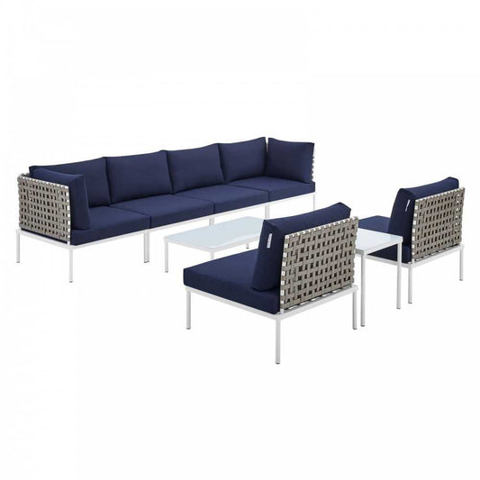 Harmony 8-Piece Sunbrella Basket Weave Outdoor Patio Aluminum Sectional Sofa Set, Tan Navy, EEI-4943-TAN-NAV-SET