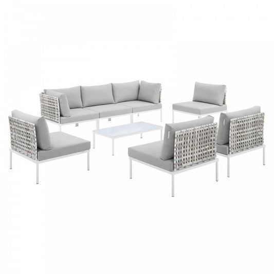 Harmony 8-Piece Sunbrella Basket Weave Outdoor Patio Aluminum Sectional Sofa Set, Taupe Gray, EEI-4938-TAU-GRY-SET