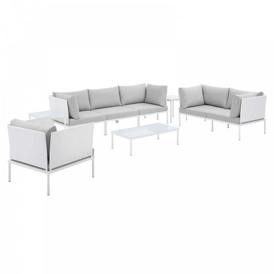 Harmony 8-Piece Sunbrella Outdoor Patio Aluminum Seating Set, White Gray